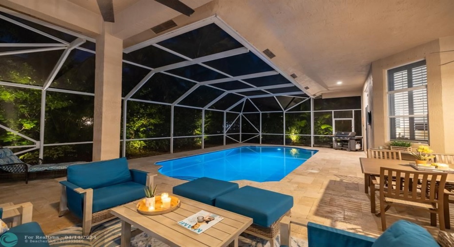 Heated pool, new travertine tile on patio, resurfaced/retiled pool (2021)