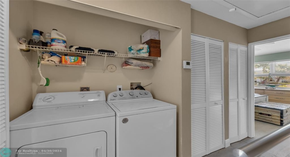 Washer and Dryer are located in the unit with overhead storage and and closet space