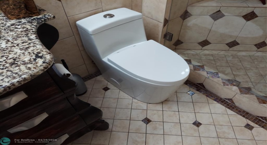 spare bath, with brand new energy efficient one piece toilet