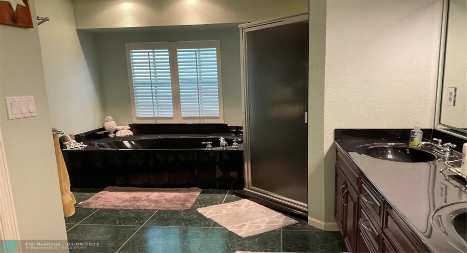 Master bathroom with cultured marble separate shower and soak tub