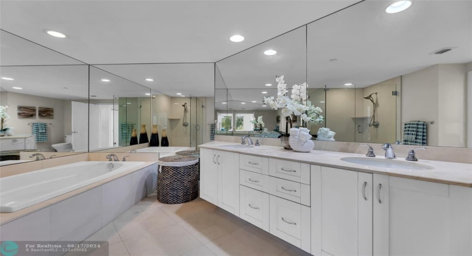 Primary Bath Features Dual Vanities and Recessed Lighting