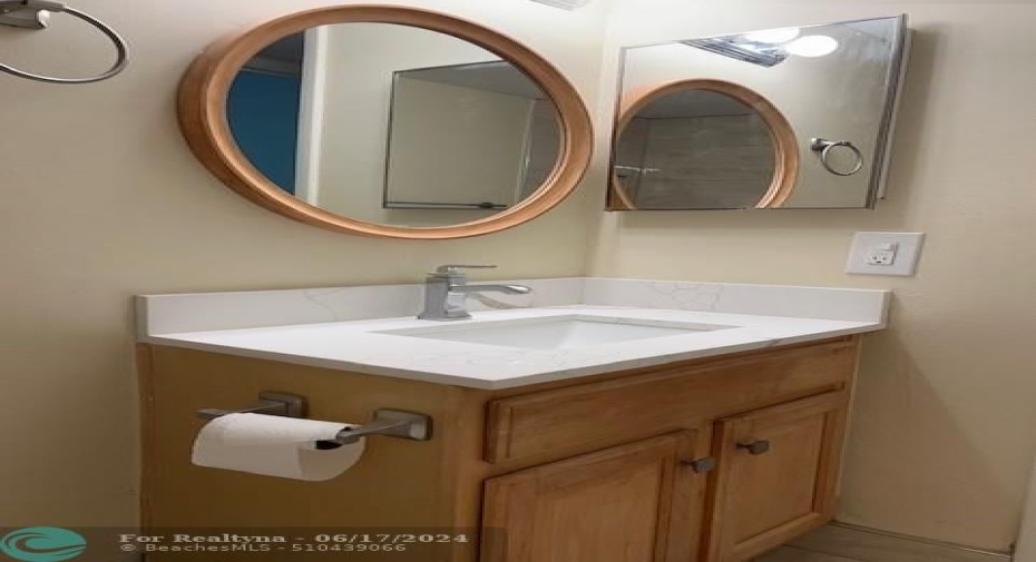Sink cabinet in hall bathroom  with quartz counter