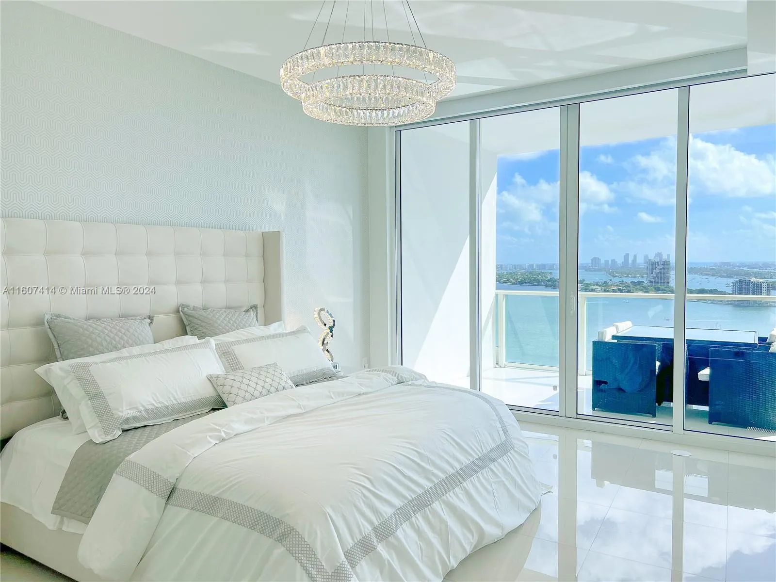 Primary Bedroom with Crystal Lighting, Custom 3-D Wallpaper, Fully-Automatic Blackout Shade, and Stunning Views