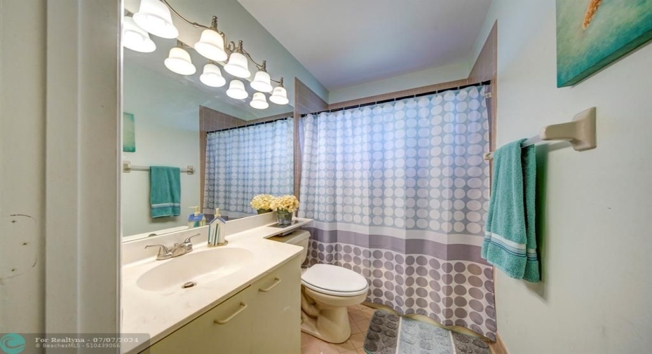 The guest bath has a shower/tub combination.