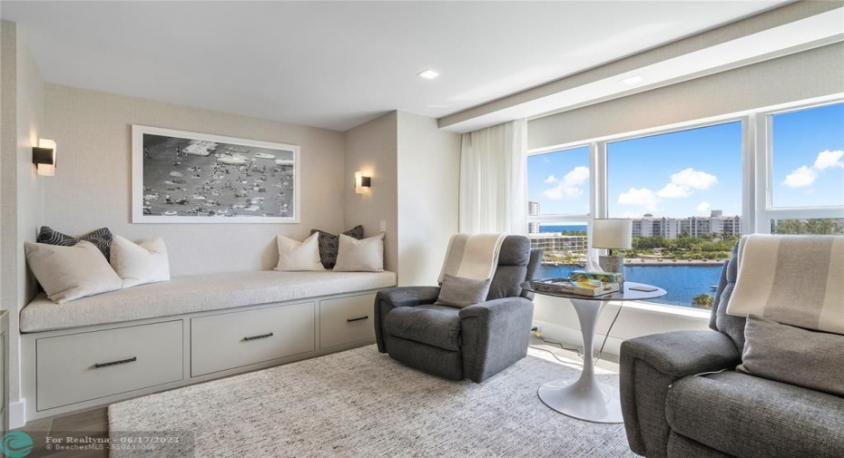 Second Bedroom made as a study/tv room with a day bed with built-ins overlooking the intracoastal and ocean