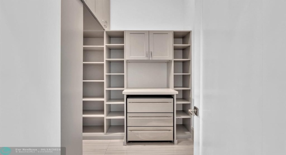 Large walk in pantry with refrigerated drawers and additional shelves on the left