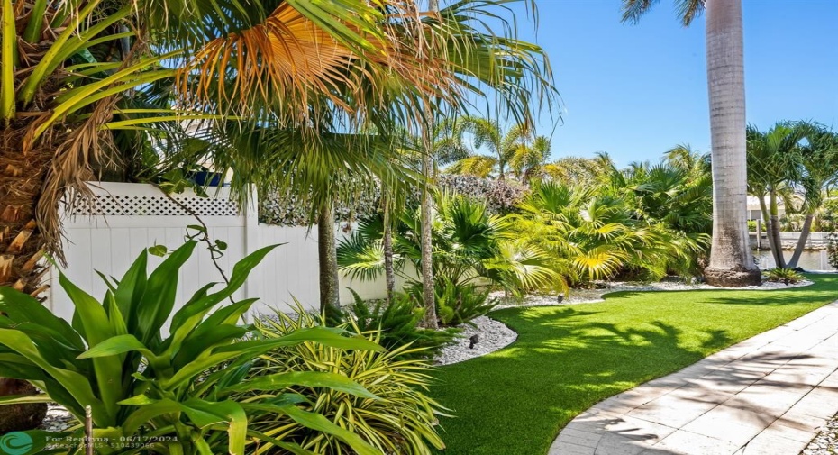Side yard with artificial turf.