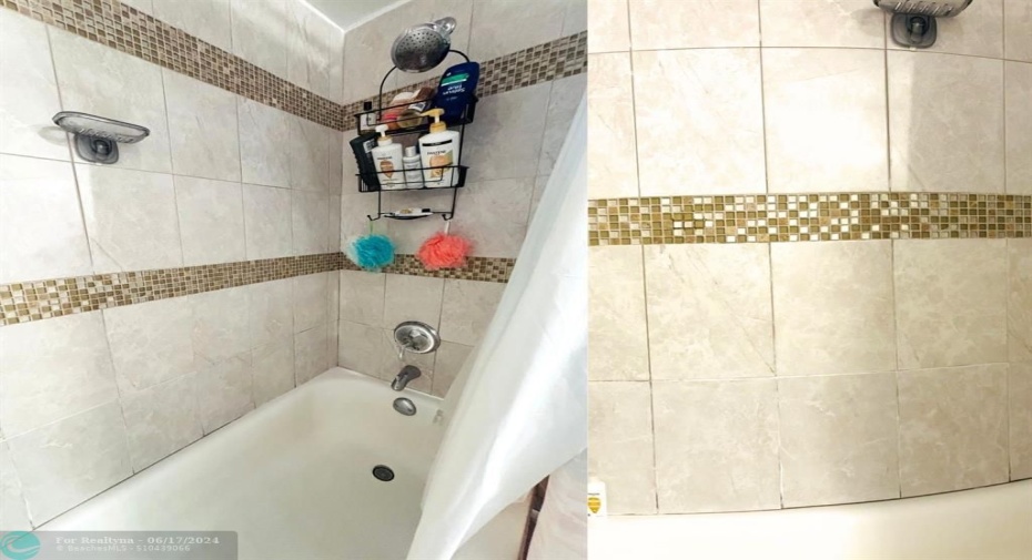 Combined Tub and Shower neutral tile with glass inserts