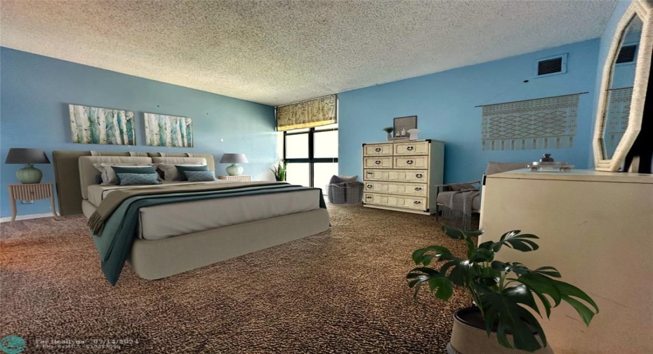 Large bedroom, bath and walkin closet. River and city skyline views from the window.