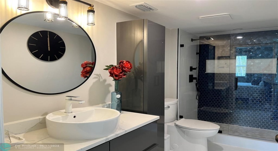 Modern bathroom with rain shower head and frameless shower doors