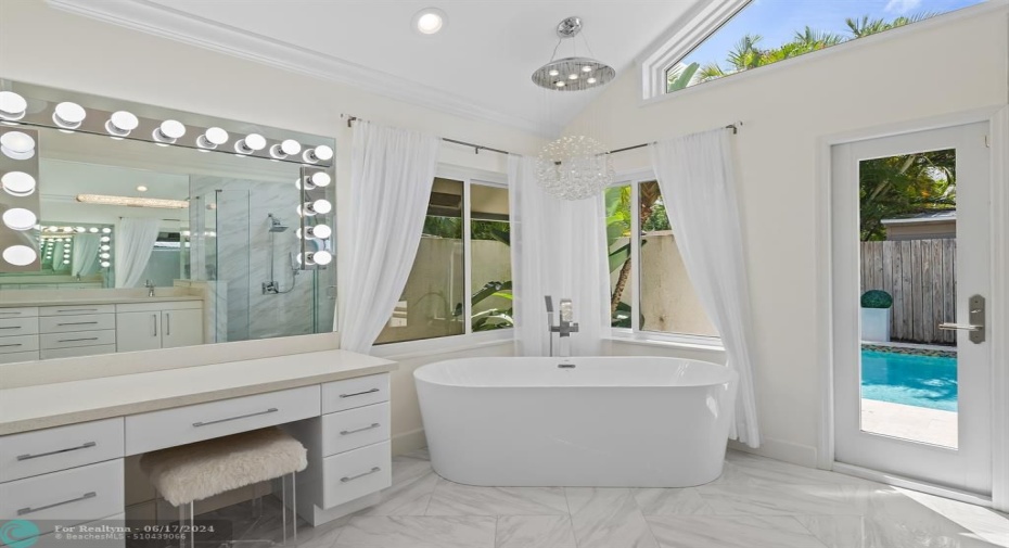 Primary Bathroom with Large Soaking Tub For Two, Custom Vanity With Lighting & Crystal Chandelier