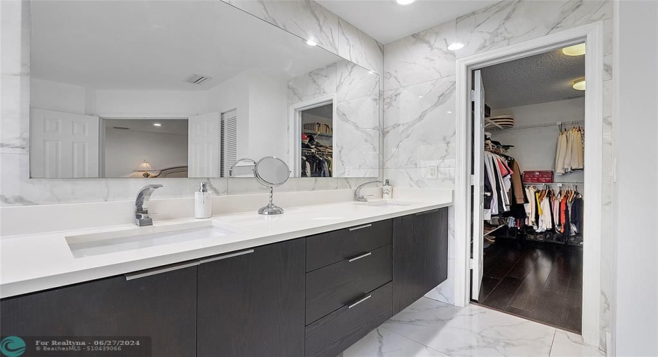 Completely updated primary bath with double sink vanity