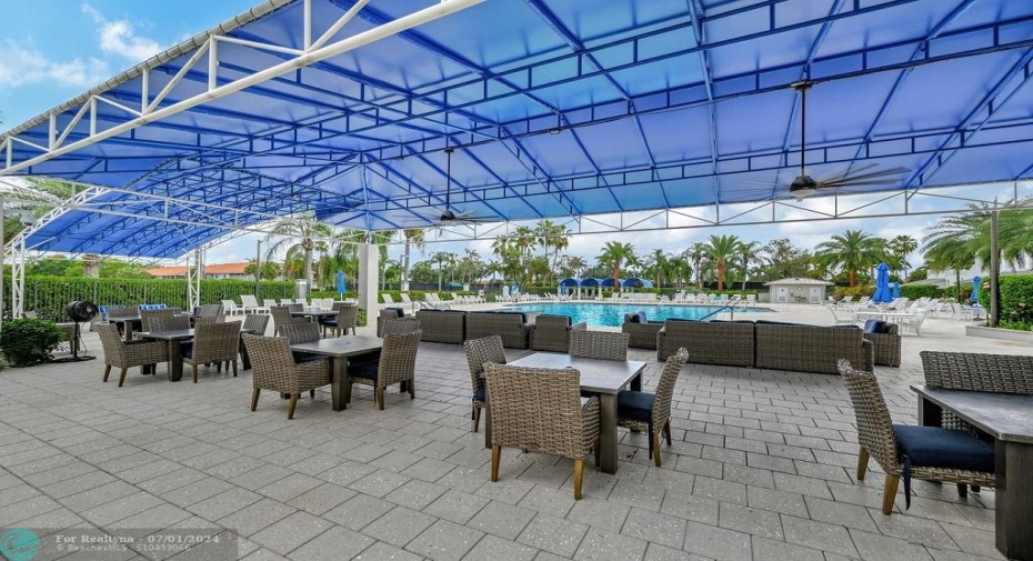 Lovel covered patios with seating adjacent to the main pool.