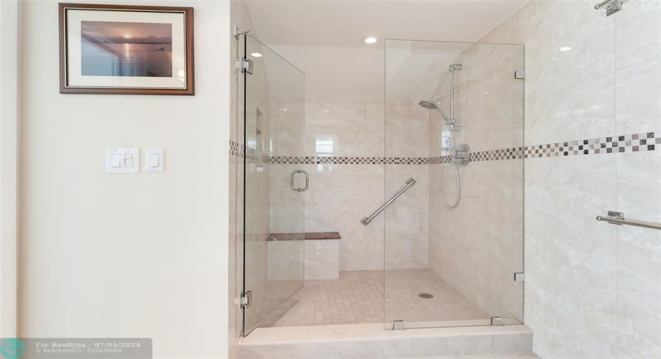 Master bath step in shower with seat glass door