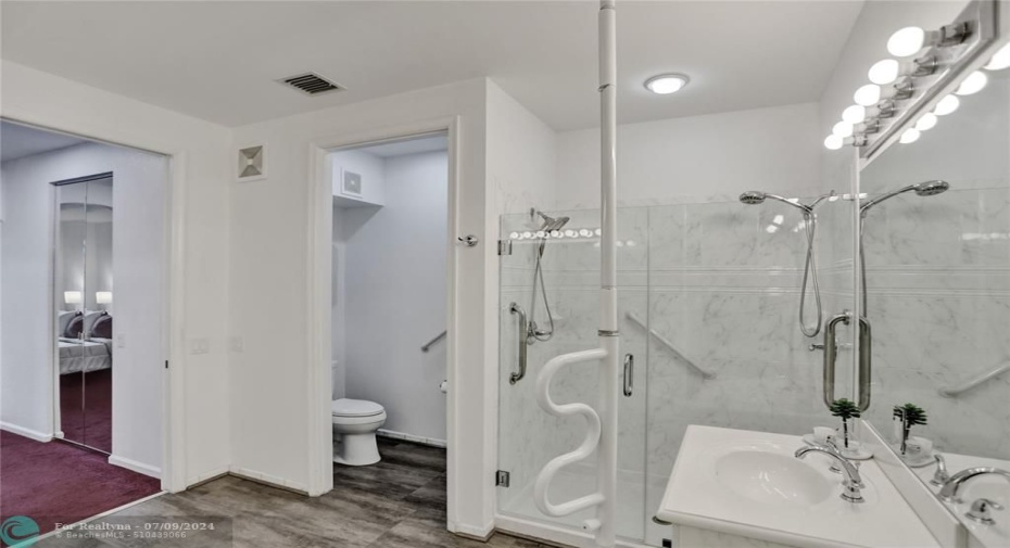 Renovated shower with seamless glass and grab bar for assistance (can be removed).