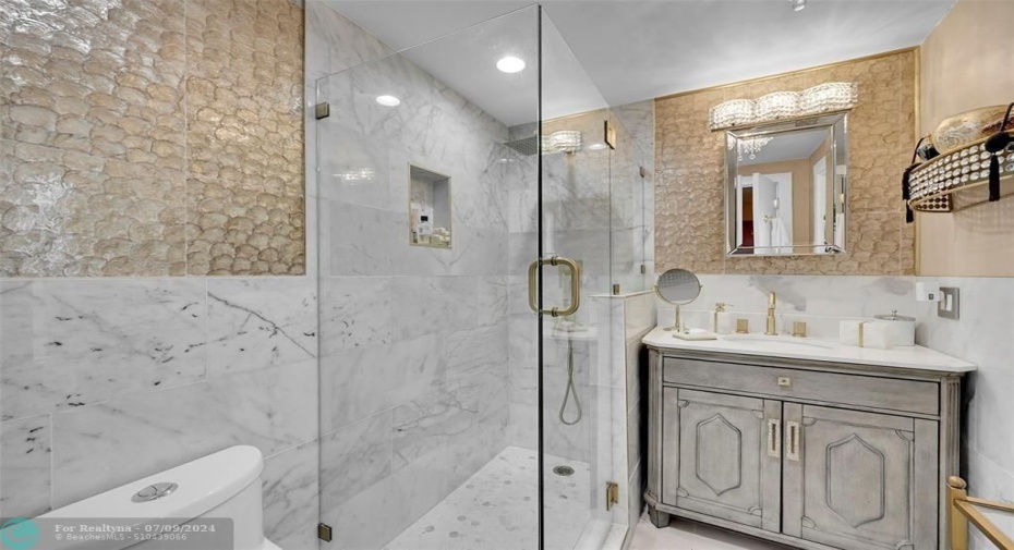 Fully and Newly Renovated Bathroom. Indulge in Marble, Glass and gold.