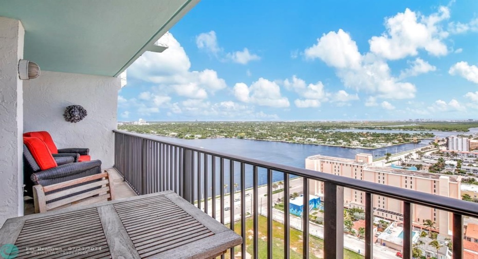 Intracoastal and lake view from the large balcony that accommodates two separate sitting areas and more!