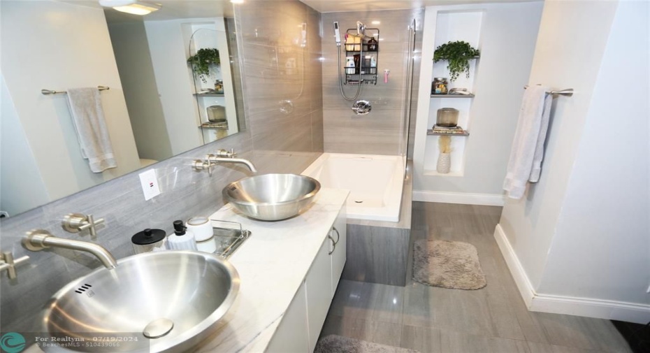 Master bathroom with dual sinks