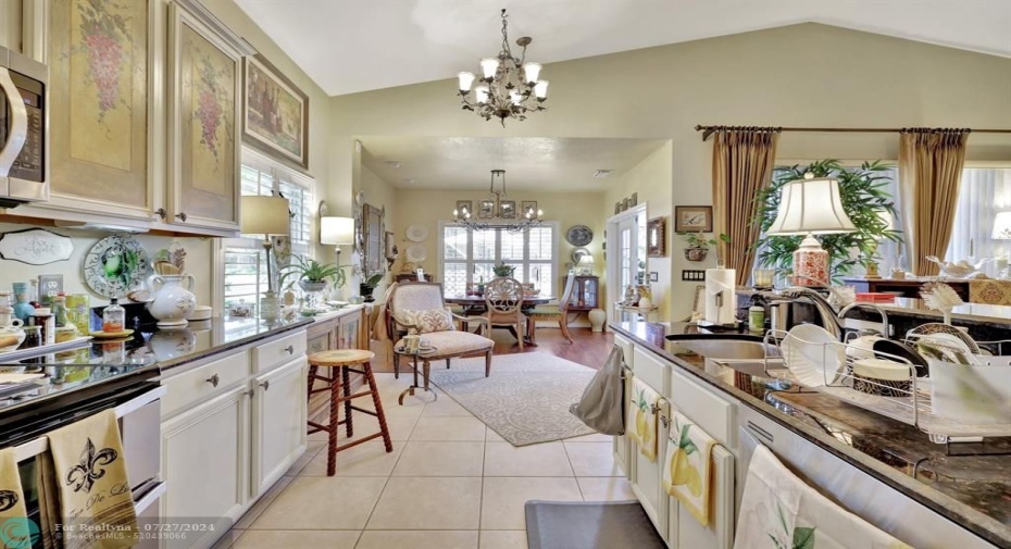 Kitchen with view into dining room.