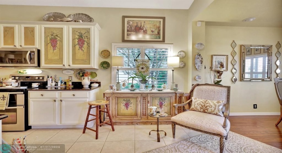 Buffet highlights the transition from kitchen to dining room.