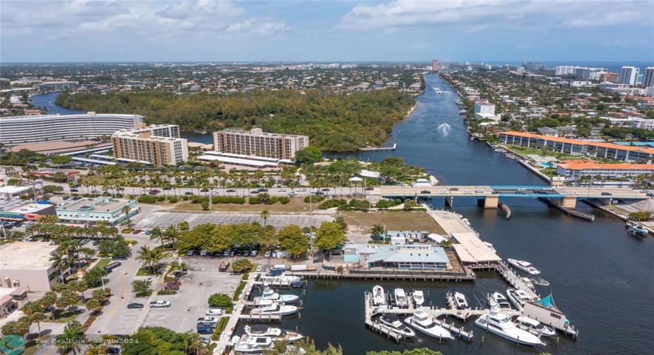 Intracoastal waterways of Deerfield Beach with The Cove restaurant and marina in foreground