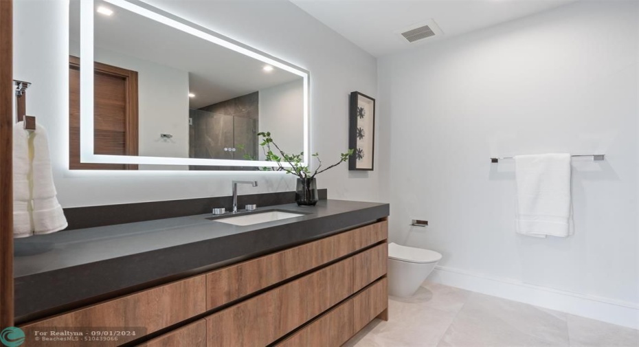 Second floor bathroom with shower and closet.