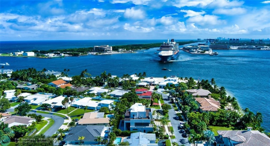 Aerial view looking South as the Celebrity ship leaves Port Everglades and enters the Atlantic Ocean.