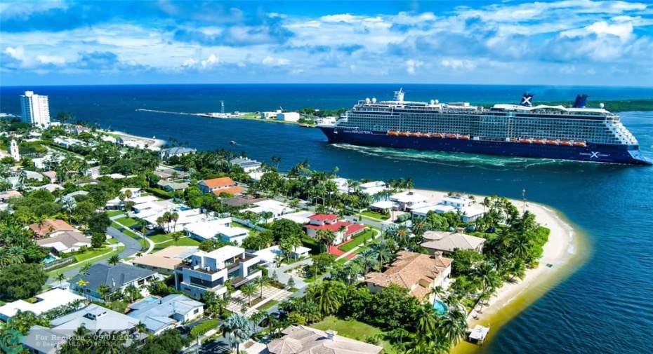 Aerial view looking Southeast as the Celebrity ship leaves Port Everglades and enters the Atlantic Ocean.