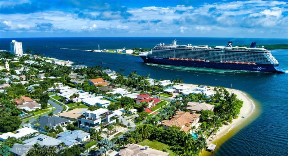 Aerial view looking South as the Celebrity ship leaves Port Everglades and enters the Atlantic Ocean.