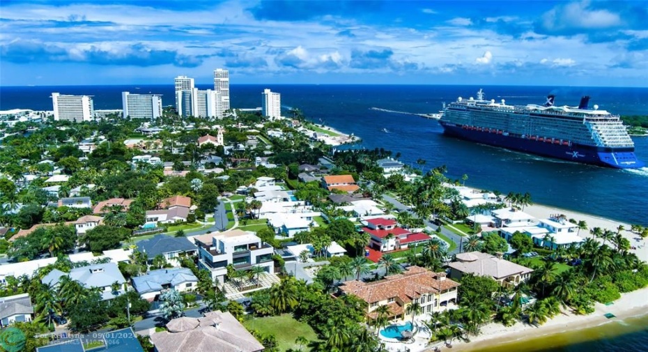 Aerial view looking Southeast as the Celebrity ship leaves Port Everglades and enters the Atlantic Ocean.