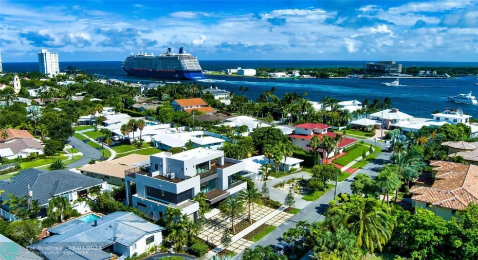 Aerial view looking Southeast as the Celebrity ship leaves Port Everglades and enters the Atlantic Ocean.