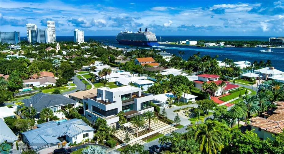 Aerial view looking Southeast as the Celebrity ship leaves Port Everglades and enters the Atlantic Ocean.