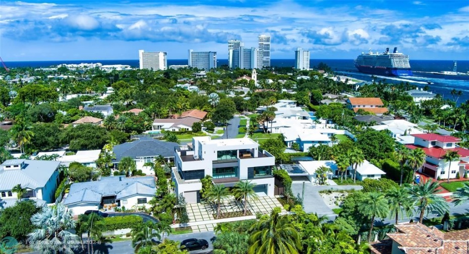 Aerial view looking Southeast as the Celebrity ship leaves Port Everglades and enters the Atlantic Ocean.