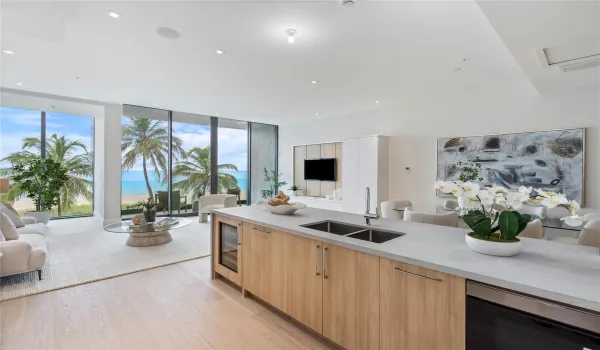 Open, spacious kitchen with direct ocean views.