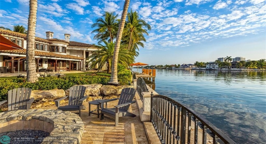 Outdoor Fireplace Surrounded by Water Views