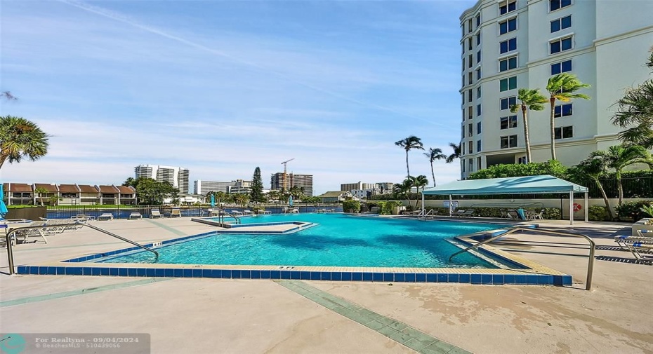 Resort style heated pool at waters edge