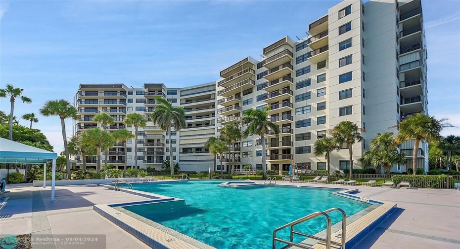 Resort style heated pool at waters edge