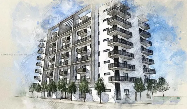 Rendering of potential development of 91 units, 1 retail in 8 stories & 100% parking reduction