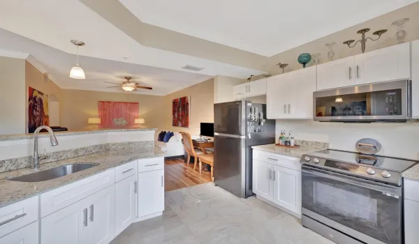 Fully renovated kitchen with balck stainless steel, granite, induction range