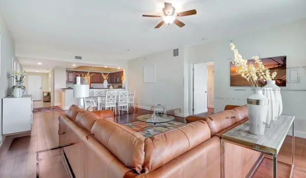 Living room area overlooking the dining room, kitchen, and entrance