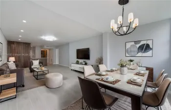 AI-generated staging for the moder, sophisticated dining and living area. the elegant open- concept design idea.